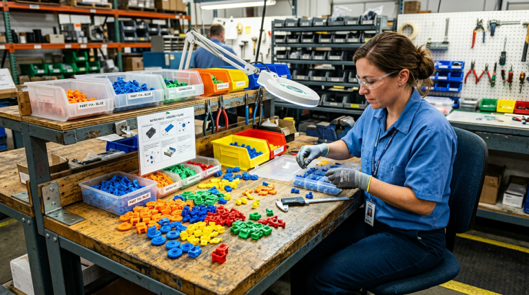Worker wearing safety glasses and gloves inspecting colorful plastic parts at a workstation